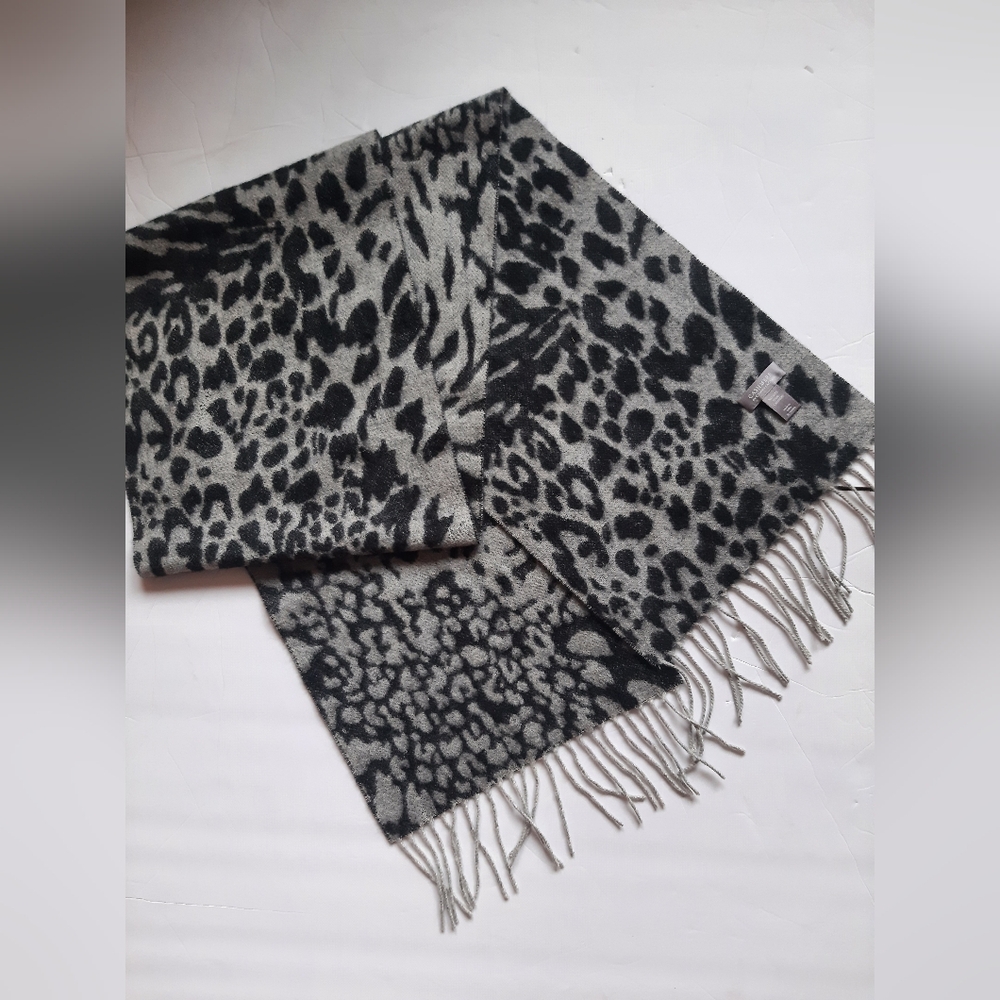Charter Club Black and Gray Animal Print Scarf 100% Cashmere
